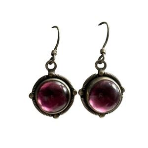 Vintage 925 Sterling Silver Red Cabochon Drop Earrings Garnet Look